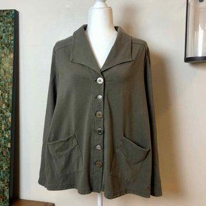 Neon Buddha Olive Green Jersey Knit Jacket with Ecclectic Buttons Size Large
